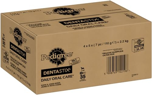 PEDIGREE DENTASTIX Daily Oral Care Karton Multipack Kleine Hunde 5-10kg, 140 Sticks (4 x 5x7 Stück) Hundeleckerli Hundesnack Zahnpflege Leckerli