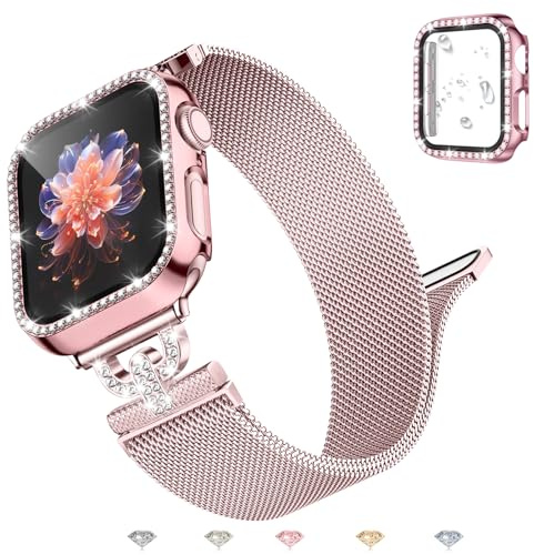 UpNeioco Metall Armband Kompatibel Mit Apple Watch 38-45mm, Diamant Glitzer Displayschutz Hülle 42mm, Magnetisch Edelstahl Metall Für iWatch 9 8 7 6 5 4 3 2 1 Damen