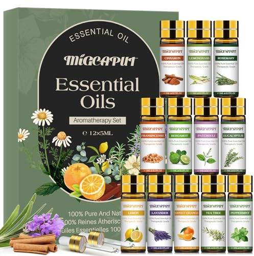 Migcaput Diffuser Ätherische Öle, 12X5ml Aroma Diffuser Öl,100% Naturrein Essential Oils, Duftöle für Diffuser Luftbefeuchter Kerzen Aromatherapie - Teebaumöl, Lavendelöl, Pfefferminzöl