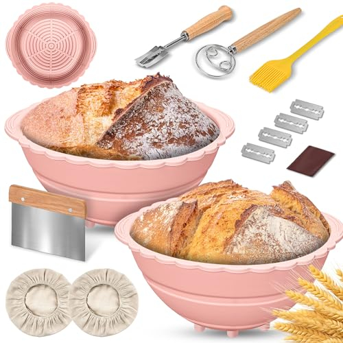 2er Rundes Gärkörbchen für Brot,25cm Silikon Faltbar Gärkorb zum Brotbacken Set Sauerteig Rund Banneton Proofing Gärung Garkörbe Korb Brot Machen Backen Körbe Sauerteigbrotkorb Zubehör Tool Kit-Rose