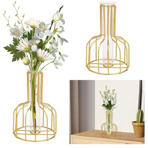 Koonafy Vase Tube à essai pour Fleurs fraîches,Vase en Verre avec Support d'étagère en métal,Vase à Plantes de Style Bouteille de vin,Support hydroponique pour Table de Mariage,Bureau,Salon (Golden)