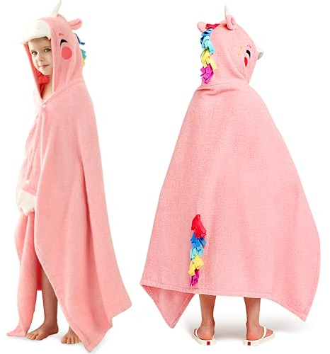Joiedomi Unicorn 127 x 77 cm Kapuzenhandtuch für Kinder - Weiches Baumwoll-Badetuch -für Kinder von 3-10 Jahren -Poolhandtuch mit Kapuze - saugfähiges Poncho Handtuch Kinder