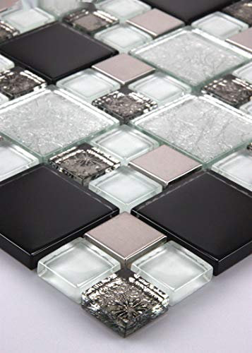 Piastrelle a mosaico in vetro, in acciaio inox, nero, bianco, argento, 30 x 30 cm, opaco