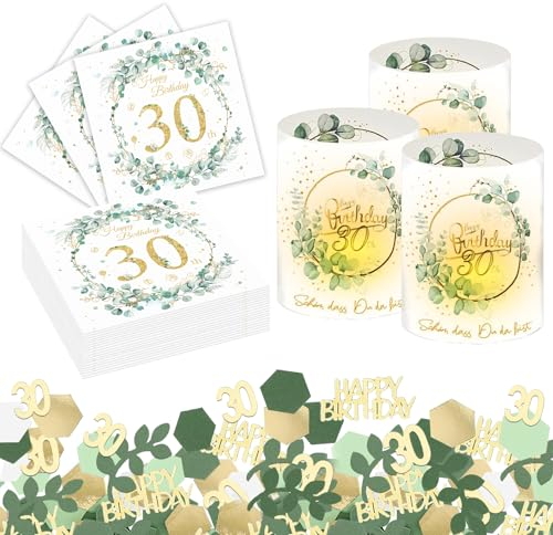 DazzJoy 30. Geburtstag Deko Set für Frau und Mann - Windlicht Tischdeko, Servietten, Happy Birthday Konfetti - Geburtstagsdeko 30 Jahre