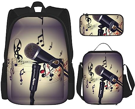 HJLUUFT Microphone with Music Note Practical 3pcs Backpack Set â€“ Large School Bag With Lunch Box And Pencil Case For Students,Backpack And Lunch Box Set