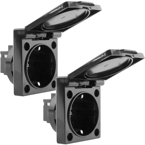 BeMatik - Base de enchufe schuko empotrable IP44 a tornillo con tapa de color negro 2 pack