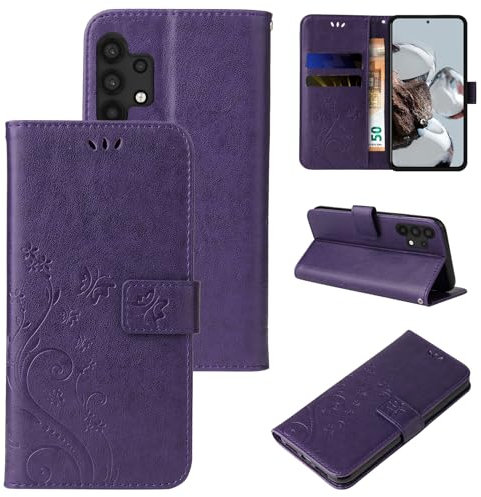 LBH Handy Hülle für Samsung Galaxy A32 5G Case Handytasche Schmetterling Blumen Flower Standfunktion Schutzhülle Magnet Rundum Schutz 360 Grad Flipcase Cover Violett