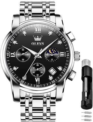OLEVS Herrenuhren Schwarz Edelstahlarmband Quarz Uhr Männer mit Diamant Datum Wasserdicht Leuchtende Klassische Elegantes Armbanduhr Geschenk