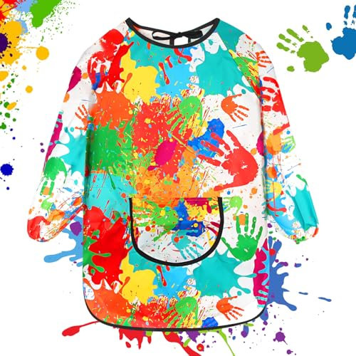 Powmag Malschürze Kinder Malerkittel für 7-11 Jahre, Malkittel Schule, Tuschkittel Wasserdicht Kinder Schürze, Bastelschürze mit Ärmeln und Big Taschen für Schule Kunst Malerei Malen