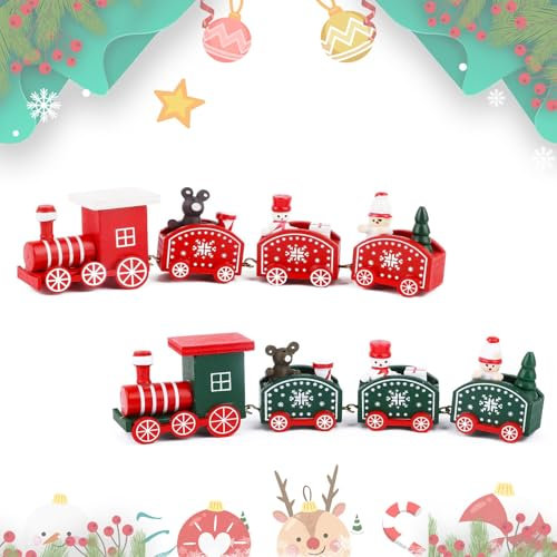 Xinlon 2 Stück Weihnachtszug aus Holz, Weihnachten Zug Deko, Mini Weihnachtszug, Weihnachtsbaum Schneemann Rentier Christmas Decorations, Weihnachtszug Kinder Geschenk, Weihnachten Zug Fensterdeko