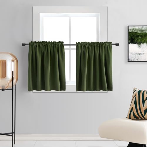 DONREN 20 Inch Length Olive Green Curtains Vlances- 2 Panels Blackout Thermal Insulating Small Curtain Tiers for Bathroom Rod Pocket Top (24 Wide by 20 Inches Long)
