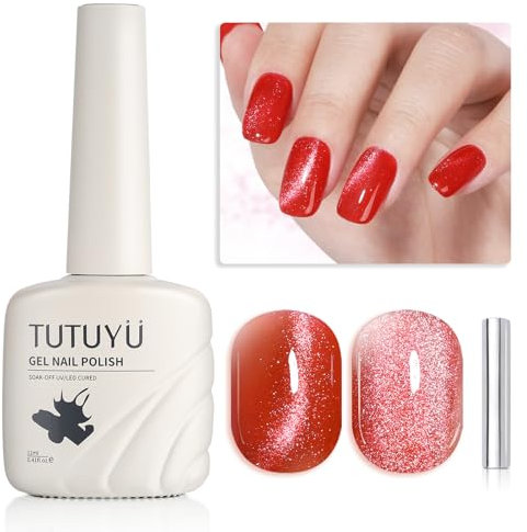 TUTUYU Red Orange Cat Eye Gel Nail Polish - Holographic Red Orange Gel Polish Perfect for DIY at Home & Gift for Nail Art Lovers!
