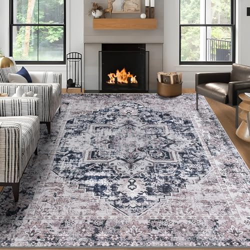 Taleta KALU Waschbarer Teppich, Wohnzimmer, groß, lila, rutschfest, Vintage, orientalisch, weicher Kurzflor-Teppich für Küche, Esszimmer, Schlafzimmer (lila, 240 x 340 cm)