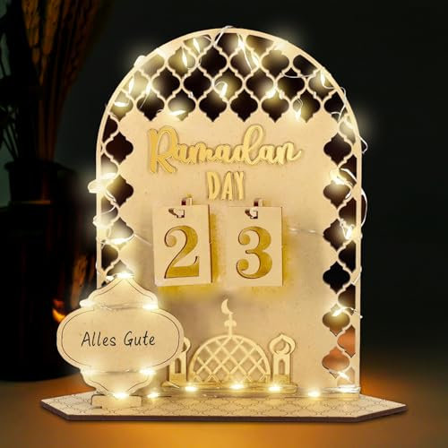 Calendrier Ramadan Decoration,Ramadan Calendrier Eid Mubarak Décoration,Calendrier du Ramadan avec Guirlande Lumineuse Led,Ramadan Mubarak,Calendrier de L'avent Ramadan en Bois
