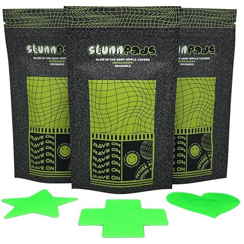 StunnPads Cache-tétons réutilisables et phosphorescents avec effet lumineux en trois formes – Pour club, festival et fête, fluo, taille unique