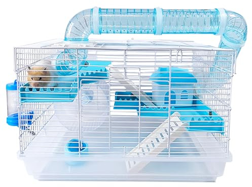 Tfwadmx Zwerghamsterkäfig Kleintierkäfig Kleintierkäfig mit Schlauch Laufrad Hütte Ratten-Lebensraum für Rennmäuse Mäuse 47 x 30 x 30 cm Transparent/Blau