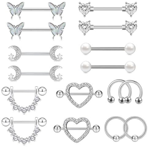 GoPaw Brustwarzenpiercing, 8 Paar Edelstahl Nippelpiercing für Damen, Barbell Zungenpiercing Brustwarze Körper Piercing