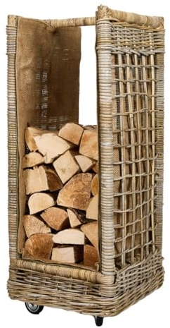 Wicker Log Basket Cradle with Hessian Lining Log Storage Rack with Wheels | Firewood Storage, Kindling Bucket, Log Basket, Wheels, Hessian Lined, Vintage Style, Fireside Storage