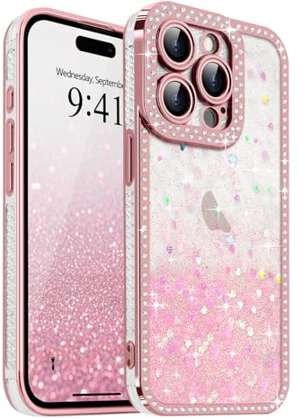 Ethanger Glitter Crystal Rhinestone Case for iPhone 15 Pro Max, Pink | Sparkling Gradient Bling Back, Crystal Diamond Design Cover, Protective Shockproof for Women Girls