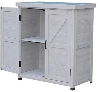 Aufbewahrungsbox Garten Wetterfest mit Doppeltüren 80 x 45 x 92 cm, Gartenbox Holz Groß Verzinkte Arbeitsfläche für Balkon Gartenhaus Geräteschuppen