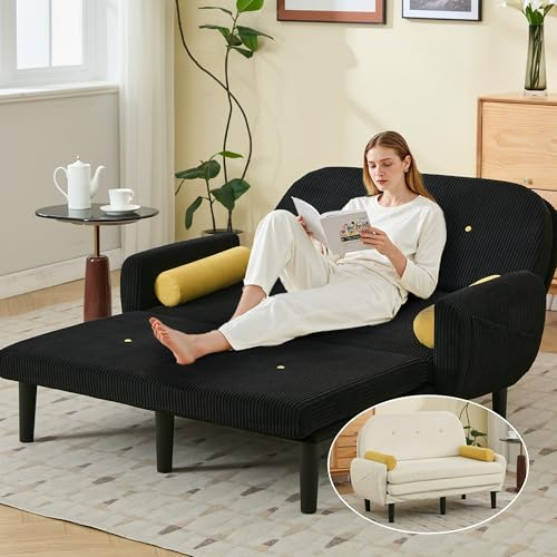 homeokay Umwandelbares Queen-Size-Schlafsofa, Couch, mit Ausziehfunktion, 5 verstellbare Rückenlehnenpositionen, abnehmbare Armlehnen, Ottomane und Stauraum für Wohnzimmer (Hellschwarz)