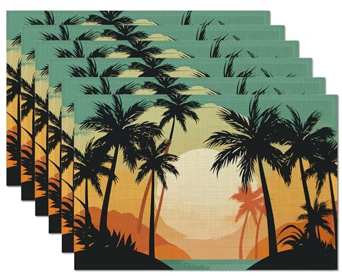 Summer Beach Palm Trees Placemats Set of 6,Table Mats Non-Slip Heat Resistant Washable Placemat for Party Kitchen Dining Table Decoration Indoor Outdoor