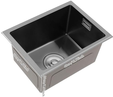 Lavello da cucina in acciaio inox, 40 x 30 x 20 cm, rettangolare, singolo in acciaio inox, per evitare il troppopieno, interno argento/nero (nero)