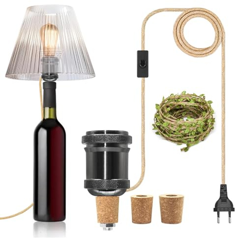E27 Portalámparas para botella de vino, Base de lámpara de botella metálica, juego de soportes para lámpara de botella de vino negro con 5 metros de cordón de cáñamo