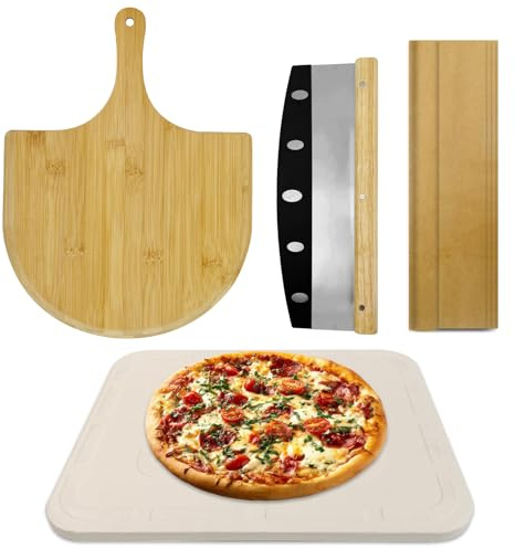 4 PCS Rectangle Pizza Stone Set 38 x 30 cm Large Pizza Stone with Pizza Peel Cutter Cooking Paper for Oven Outdoor Grill 1.5 cm Thickened Grill Baking Stone for Bread BBQ