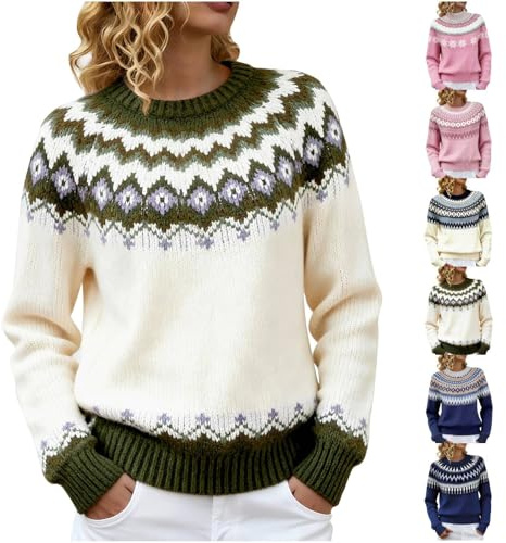Uwdiohq Pull Norvégien Femme en Laine Grande Taille Sweatshirts Sweat sans Capuche Chic Et Elegant Pullover Jacquard Pull Islandais Hiver Chaud Col Rond Cachemire