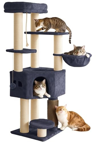YITAHOME Large Cats Tree Tower, Cat Tree, Cat Brushes, 11 cm Thick Posts, Large Platforms, Plush Cushion, Cave, 50 x 50 x 157 cm, Dark Grey