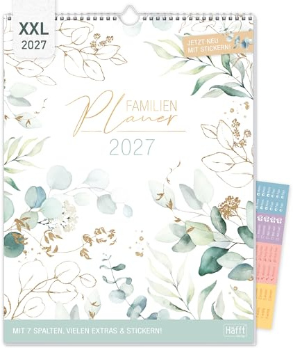 Häfft® XXL Familienplaner 2027 mit 7 Spalten - Wandkalender Blattgold | Mit Stickern, Feiertagen, Ferienterminen & Zusatzinfos, Familienkalender 2027 Jahreskalender mit 1 Monat pro Kalenderblatt