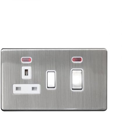 Brushed Stainless Steel Screwless 45A Cooker Control Unit with 13A Socket | 2 Gang Double Pole Switch with Neon Indicator | Modern Flat Plate Kitchen Appliance Wall Fitting (1)