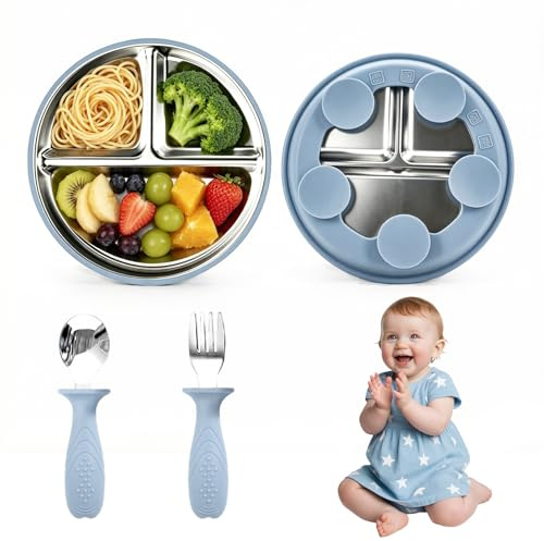 Anluomafuy Set Stoviglie per Svezzamento in Acciaio Inox con Ventosa Forte | Piatto e Posate Antiscivolo per Neonati e Bambini | Sicuro, Senza BPA, Adatto per Microonde e Lavastoviglie