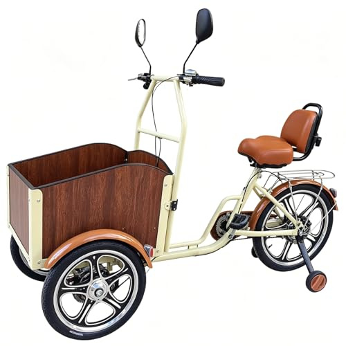 Dreirad für Erwachsene mit Holz-Frontkoffer, 3-Rad-Fahrrad, Vollscheibenbremssystem, verstellbarer Lenker und Schaumstoffsitz mit Rückenlehne, Tragkraft von 150 kg für Spaziergänge mit Haustieren
