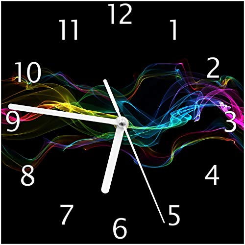 Wallario Design-Wanduhr Bunter Rauch vor schwarzem Hintergrund aus Glas, Motiv-Uhr Größe 20 x 20 cm, weiße Zeiger