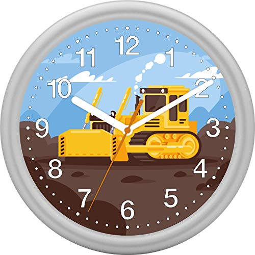Eurotime Wanduhr für Jungen mit Planierraupe Baustelle, Silber, Quarzwanduhr, 25 cm, Kunststoffgehäuse und Kunststoffglas, 12-Zahlen Zifferblatt, geräuscharme Uhr, kein Ticken, 82146-07