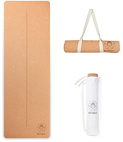 Ecoga Yogamatte aus Kork, nachhaltige Unterseite aus Naturkautschuk, rutschfest, antimikrobiell, umweltfreundlich, 5 mm dick, inklusive hochwertiger Tragetasche und Tragegurt
