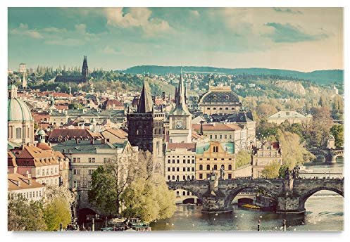 EIN imposantes Acryl-Bild, Skyline 150x100cm groß dargestellt. Mit 5mm stärke setzt Sich das Acrylglas-Motiv, Prag durch die unsichtbare Befestigung schwebend von der Wand ab.