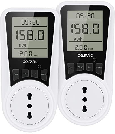 Besvic Misuratore Consumo Elettrico, Misuratore di Consumo Elettrico 3680W, Spina Italiana, Misuratore Corrente con Ampio Schermo LCD, 7 Modalità di Monitoraggio, Protezione da Sovraccarico【2 Pezzi】