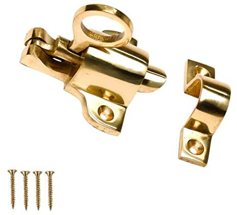 TERF® Traditional Vintage Polished Brass Window Fanlight Skylight Catch Security Pull Ring Spring Bounce Door Bolt Latch Locks with Fixing Screw for Window Cupboard Cabinet Wardrobe Gate - Pack of 1