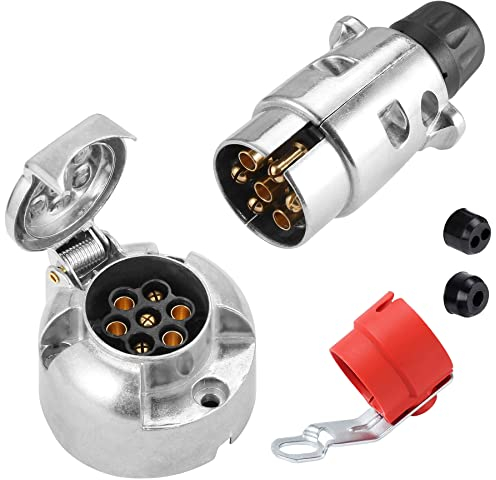SPARKMOTO Anhänger Aluminiumgehäuse Stecker 7 Polig Steckdose 7 Polig Set,mit Rot Steckerhalter,Wasserdicht Metall 7 Polige Anhänger Stecker Steckdose Für KFZ Wohnwagen AHK Adapter Stecker Steckdose