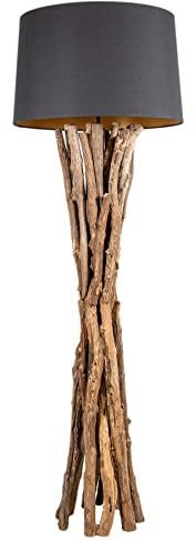 Riess Ambiente Massivholz Stehleuchte HARMONY NATURE 151cm schwarz Teak mit Baumwollschirm Wohnzimmerlampe Stehlampe Massivholzlampe