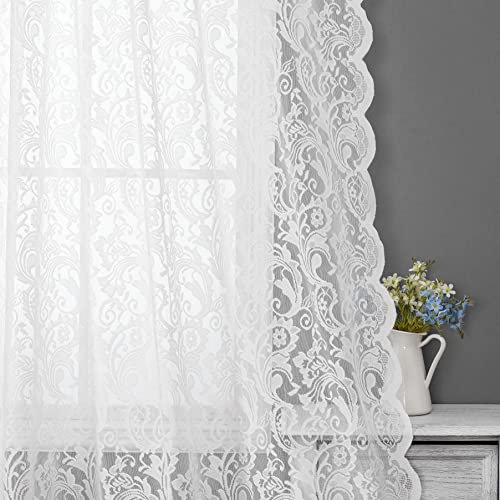 Bujasso Weiße durchsichtige Spitzenvorhänge 160 cm Vintage Floral Sheer Fenstervorhang Paneele für Wohnzimmer Schlafzimmer Bauernhaus Lichtfilterung weiße Vorhänge FensterbehandlungsSets