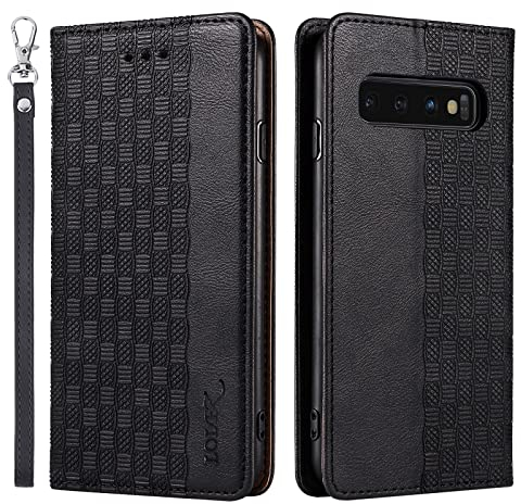 LOLFZ Hülle für Samsung Galaxy S10, Leder Handyhülle Kartenfach Ständer Handschlaufe Magnetische Klappbare Stoßfeste Schutzhülle für Samsung Galaxy S10 - Schwarz