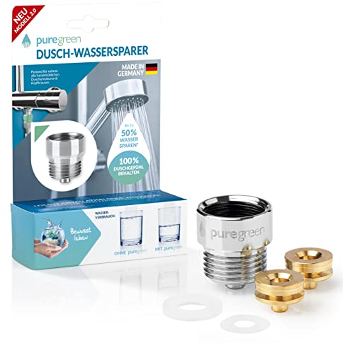 puregreen Dusch-Wassersparer | Leichte Installation, passend auf nahezu alle Duscharmaturen & Duschköpfe | Bis zu 50% Wasser sparen ohne Komfortverlust [chromfarben]