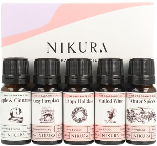 Nikura Winter Cosy Night in Fine Fragrance Oil Gift Set - 5 x 10ml | Great for Diffusers for Home, Soap & Candle Making, Wax Melts, Burner | Bath Bombs, Perfume Scents | UK Made Essential Oils