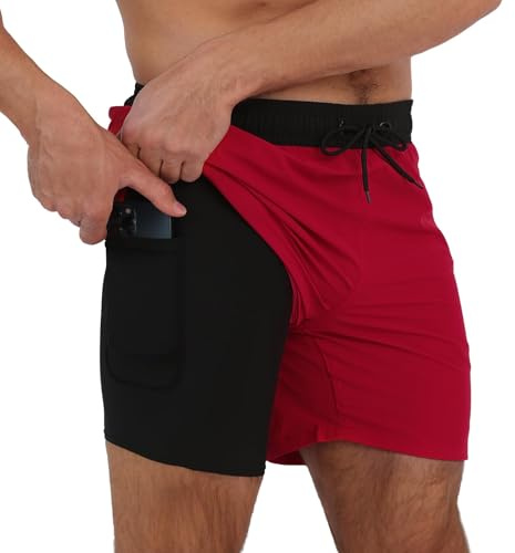 Arcweg Men's Swim Trunks Mens Swimming Shorts with Compression Liner Quick Dry Stretchy 2 in 1 Board Shorts with Zipper Pockets Black+Red XL(UK)