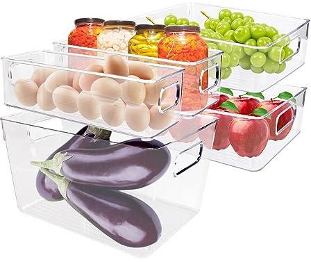 Kühlschrank Organizer Set 5er Küchen Organizer mit Griffen Transparente Stapelbare Kühlschrank Organizer Schublade Speisekammer Aufbewahrungsbehälter für Küchen, Kühlschrank, Schränke, Snacks