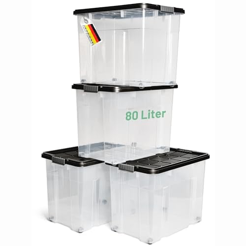 Novaliv 4x Aufbewahrungsboxen mit Deckel Groß 80L Anthrazit nestbar stapelbar mit Clipverschluss Rollboxen Kunststoff BPA-frei 61x40x45 cm